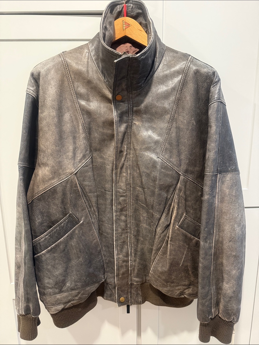 Distressed brown Leather Bomber Jacket